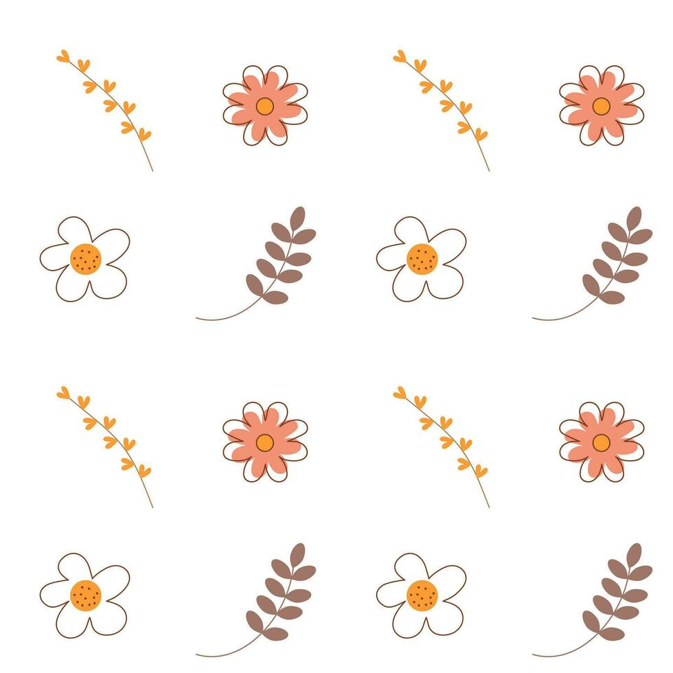 Boho seamless pattern. Cute flowers and twigs background. vector