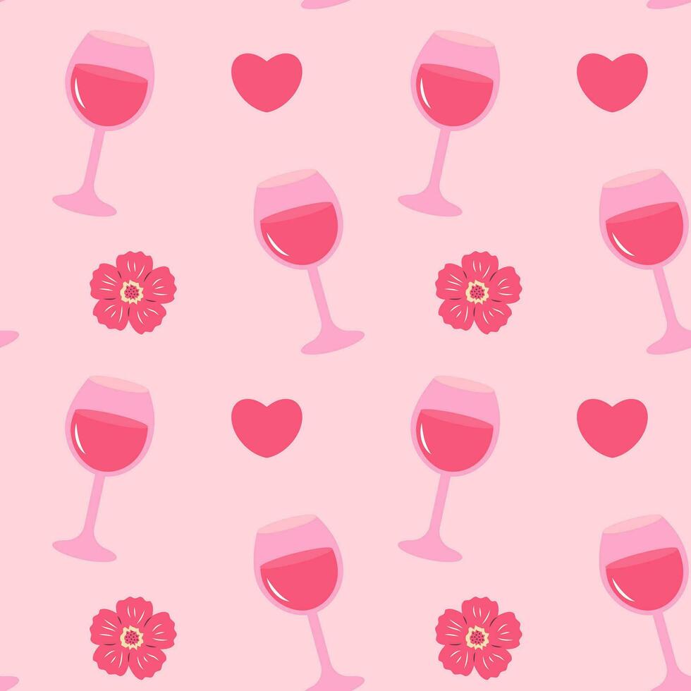 Pinkcore glamour seamless pattern. Pink pattern with wine glass, heart and flower. vector