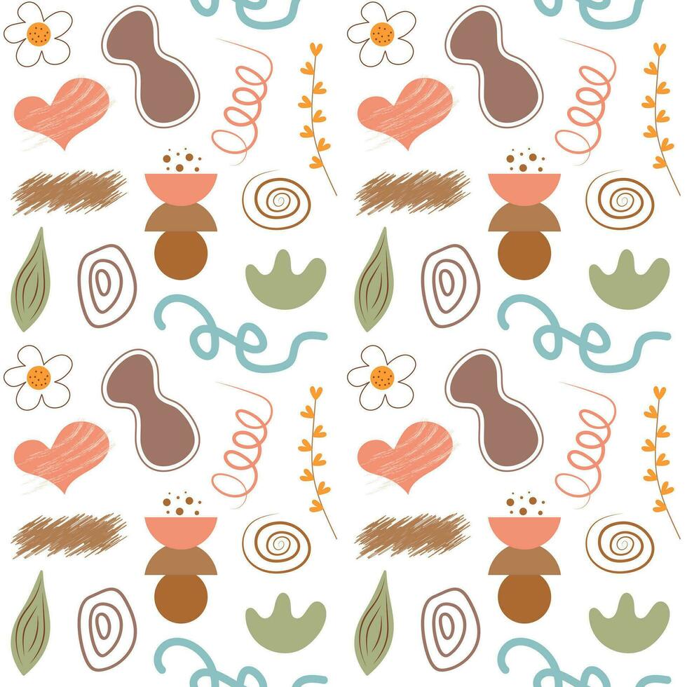 Boho seamless pattern. Cute flowers, heart and abstract shapes background. vector