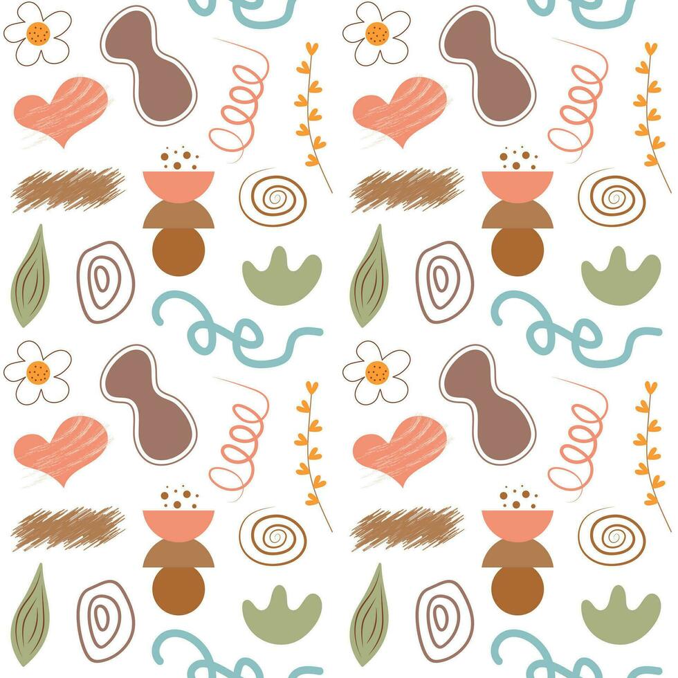 Boho seamless pattern. Cute flowers, heart and abstract shapes background. vector