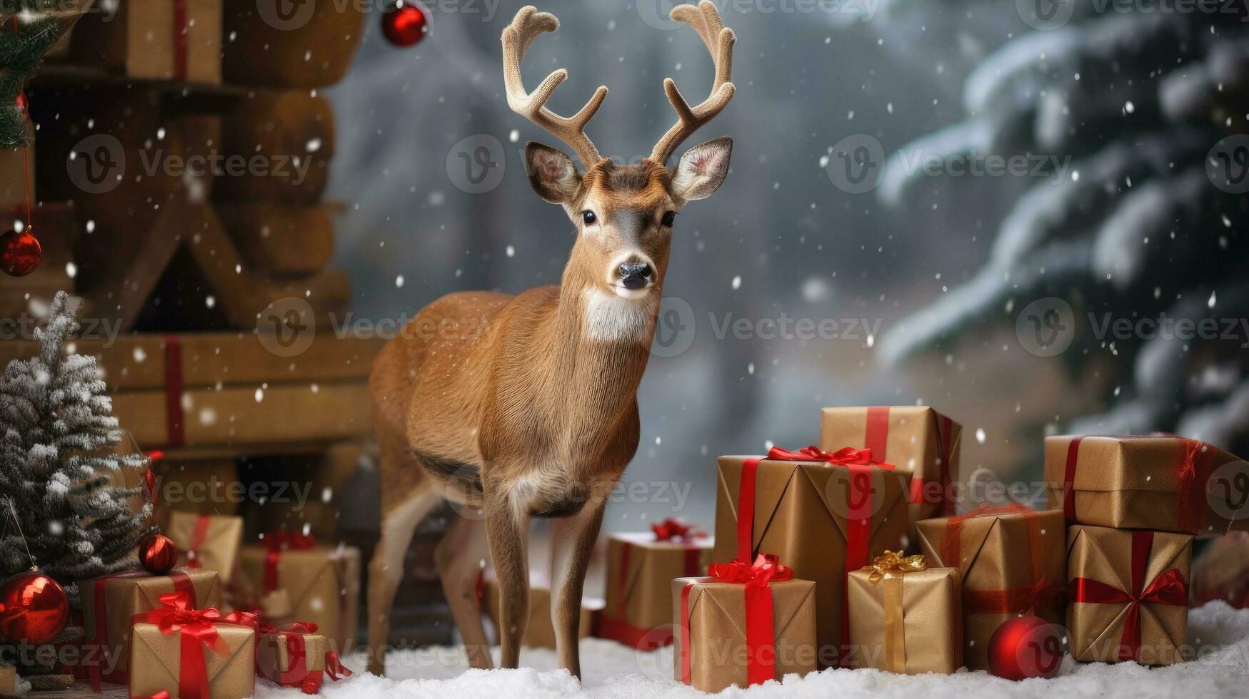 AI generated Cute deer red santa hat background snow postcard fluffy animals gift red winter photo