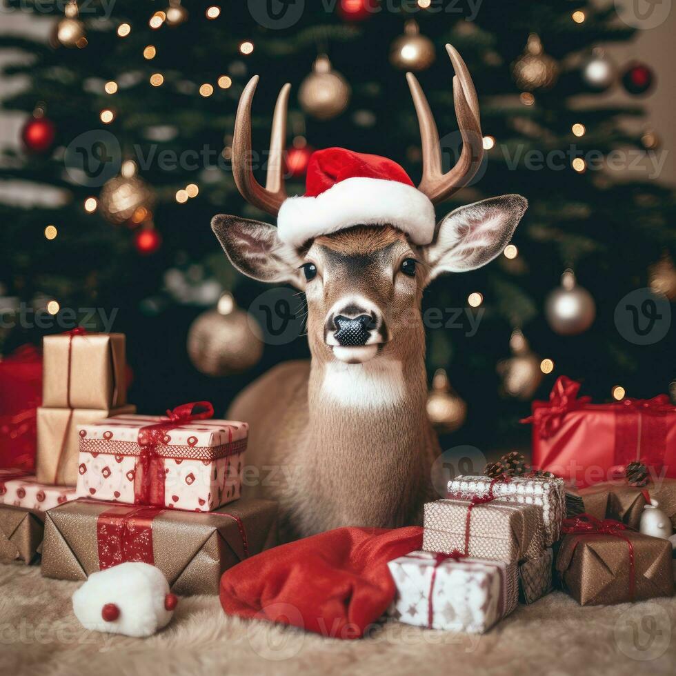 AI generated Cute deer red santa hat background snow postcard fluffy animals gift red winter photo