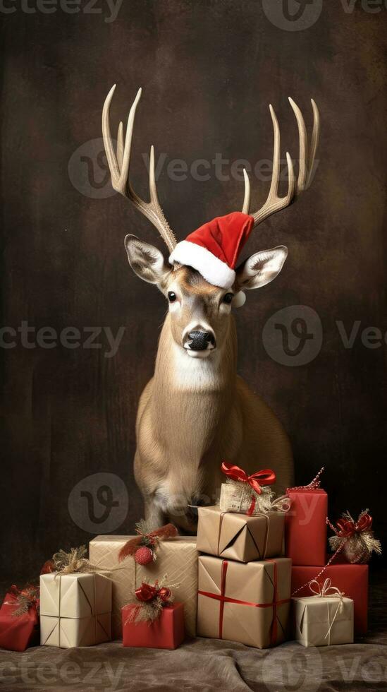 ai generado linda ciervo rojo Papa Noel sombrero antecedentes nieve tarjeta postal mullido animales regalo rojo invierno foto