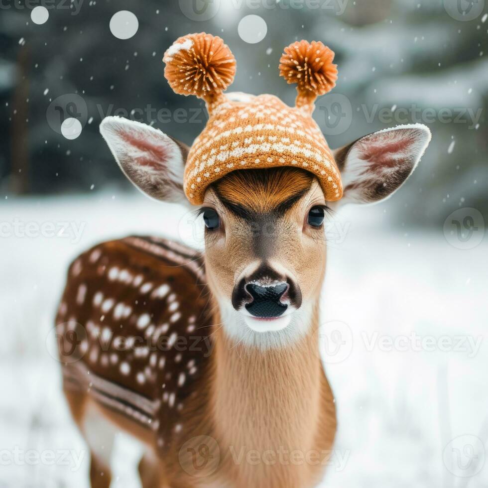 AI generated Cute deer red santa hat background snow postcard fluffy animals gift red winter photo