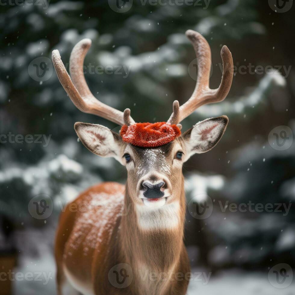 AI generated Cute deer red santa hat background snow postcard fluffy animals gift red winter photo