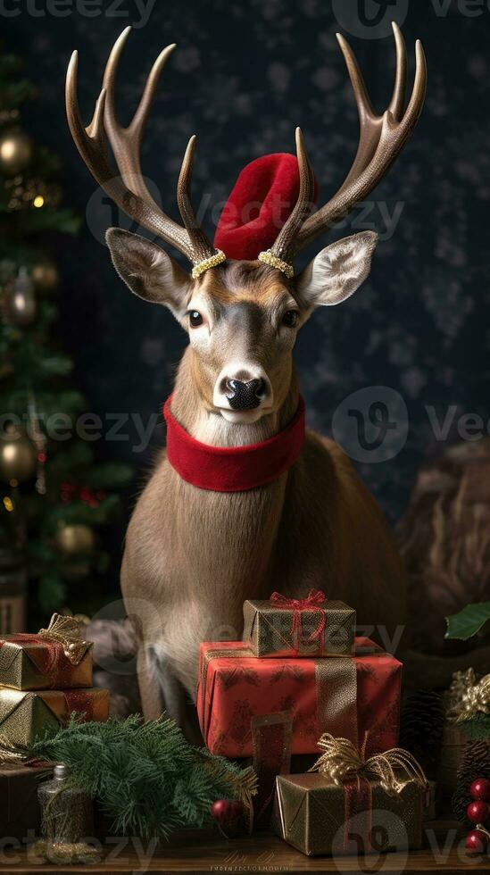 ai generado linda ciervo rojo Papa Noel sombrero antecedentes nieve tarjeta postal mullido animales regalo rojo invierno foto