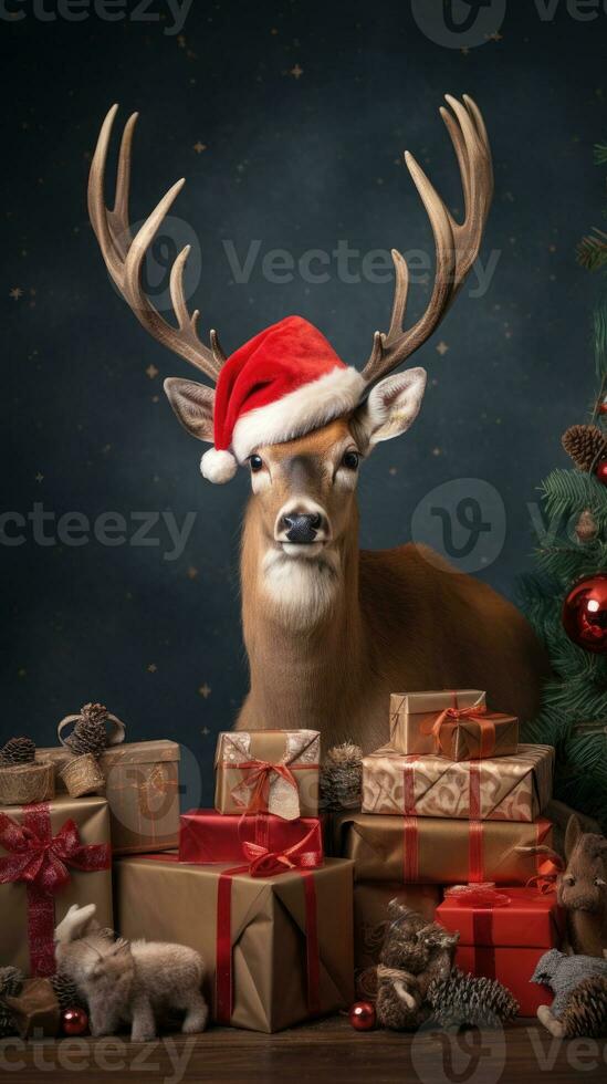 AI generated Cute deer red santa hat background snow postcard fluffy animals gift red winter photo