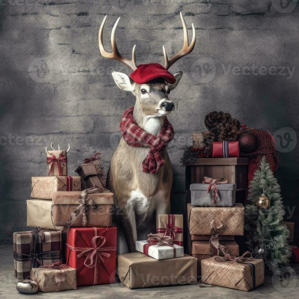 AI generated Cute deer red santa hat background snow postcard fluffy animals gift red winter photo