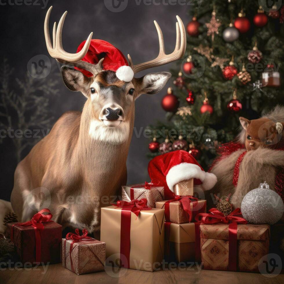ai generado linda ciervo rojo Papa Noel sombrero antecedentes nieve tarjeta postal mullido animales regalo rojo invierno foto