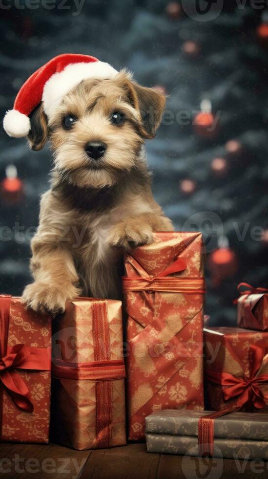 AI generated Cute dog husky wolf puppy with christmas gift boxes concept photo poster merry present red new year