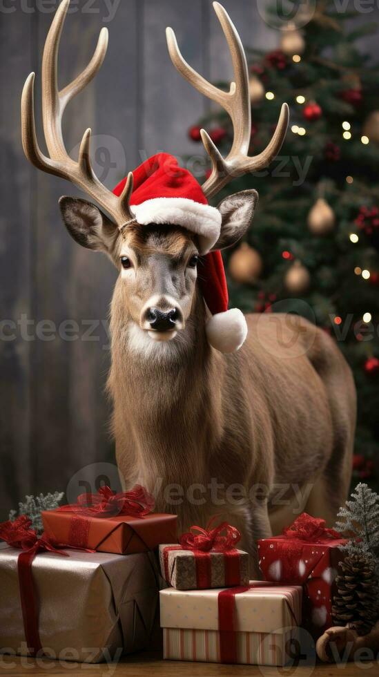 ai generado linda ciervo rojo Papa Noel sombrero antecedentes nieve tarjeta postal mullido animales regalo rojo invierno foto