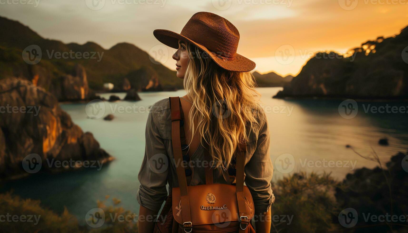 AI generated a person standing on the shore of a river with mountains in the background photo