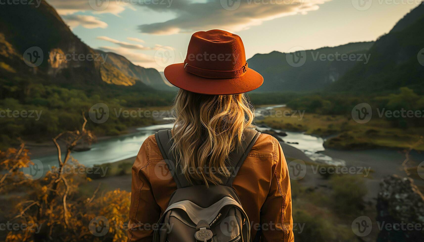 AI generated a person standing on the shore of a river with mountains in the background photo