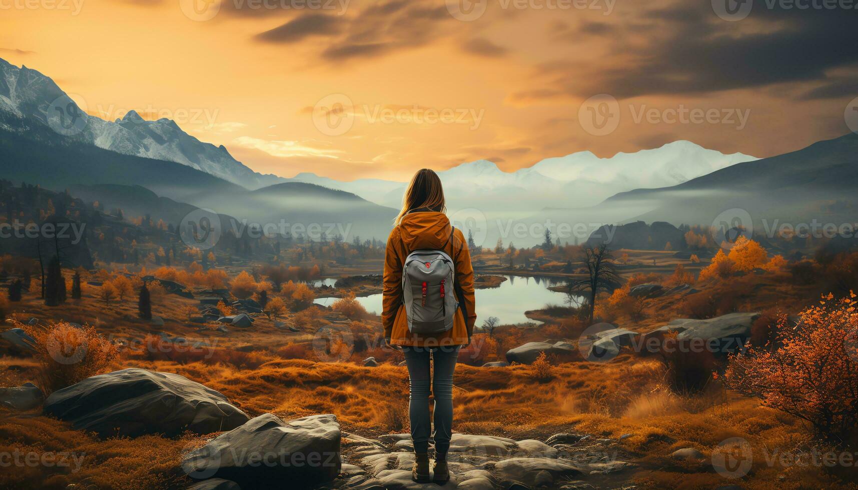 AI generated a person with a backpack looking at a river photo