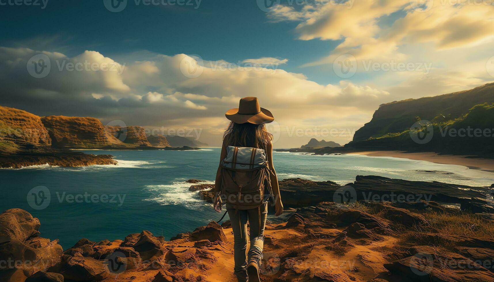 AI generated the person is standing on the edge of a river with a backpack photo
