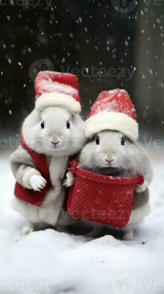 AI generated Cute rabbit hare red santa hat background snow postcard fluffy animals gift red winter photo