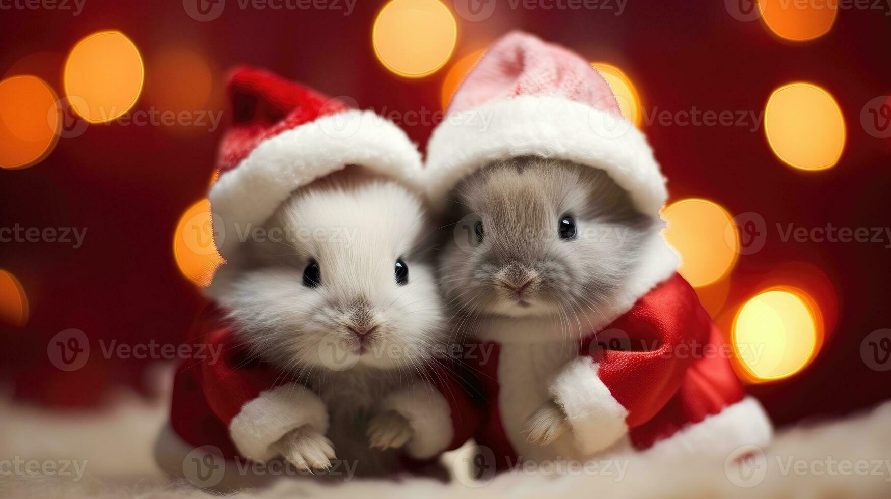 AI generated Cute rabbit hare red santa hat background snow postcard fluffy animals gift red winter photo