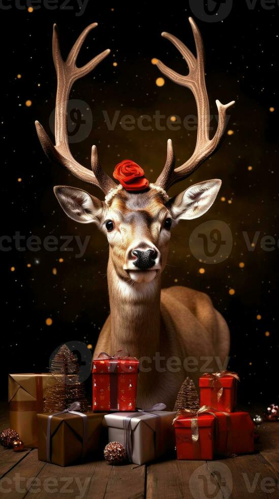 ai generado linda ciervo rojo Papa Noel sombrero antecedentes nieve tarjeta postal mullido animales regalo rojo invierno foto