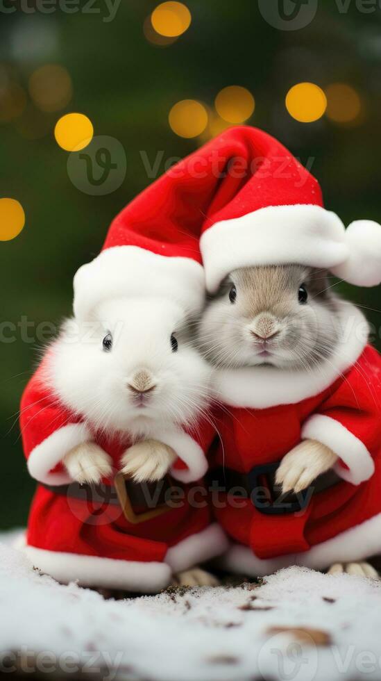 ai generado linda ciervo rojo Papa Noel sombrero antecedentes nieve tarjeta postal mullido animales regalo rojo invierno foto