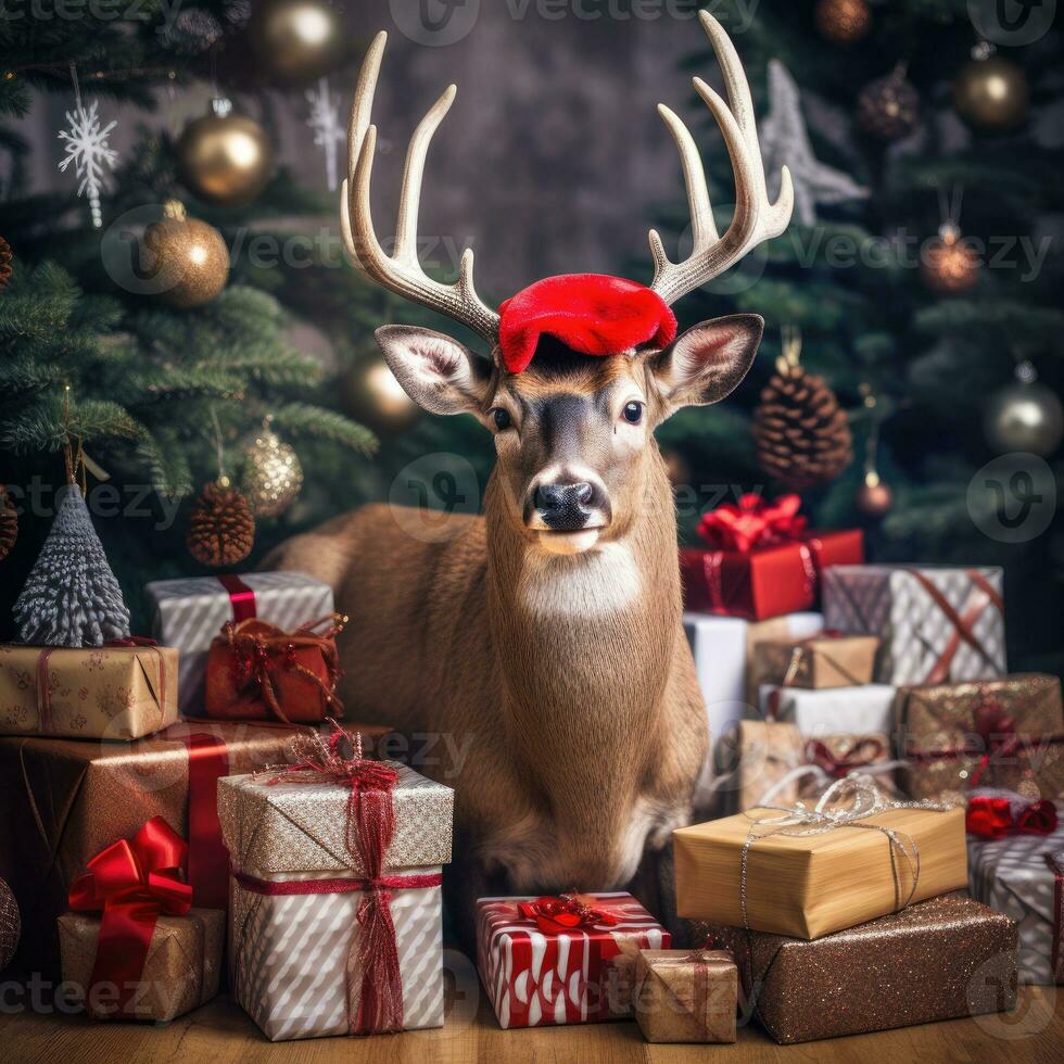 ai generado linda ciervo rojo Papa Noel sombrero antecedentes nieve tarjeta postal mullido animales regalo rojo invierno foto