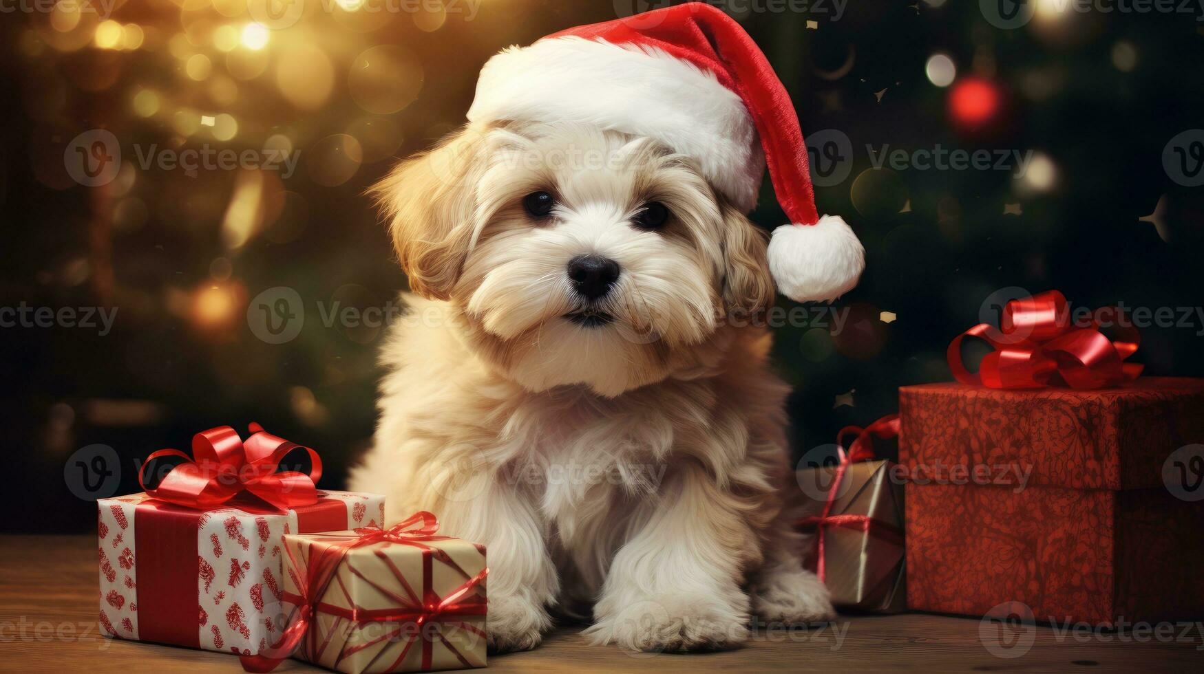 AI generated Cute dog husky wolf puppy with christmas gift boxes concept photo poster merry present red new year