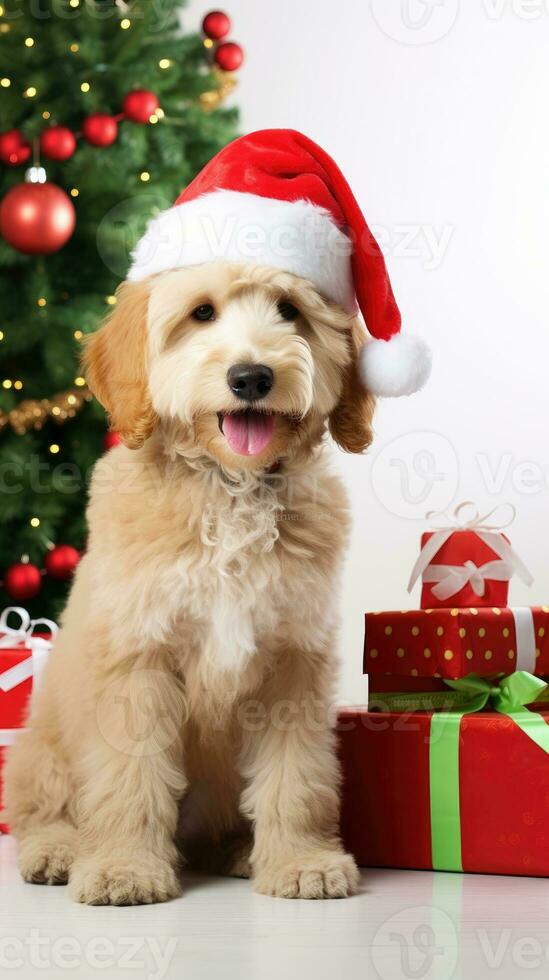 AI generated Cute dog puppy with christmas gift boxes concept photo poster merry present red new year