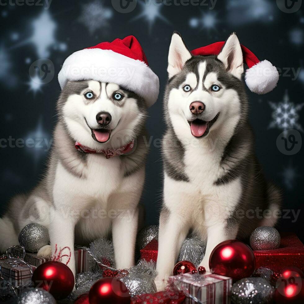 ai generado linda perro perrito con Navidad regalo cajas concepto foto póster alegre presente rojo nuevo año
