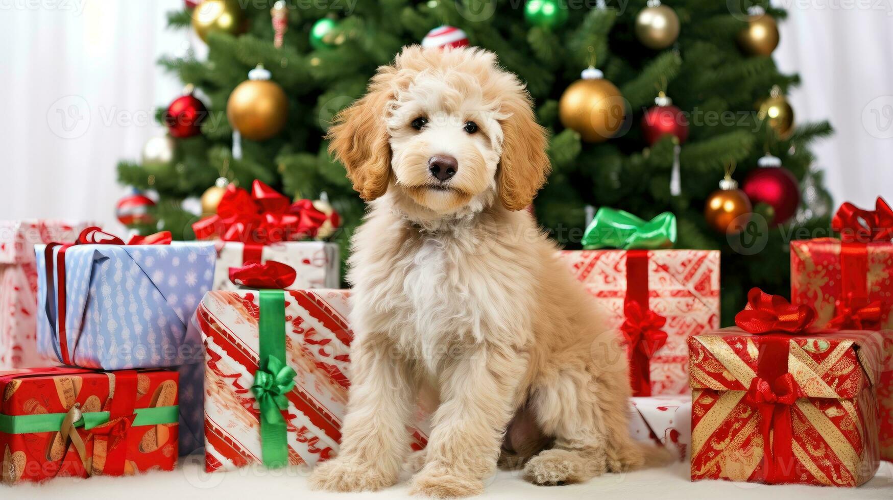 ai generado linda perro perrito perdiguero con Navidad regalo cajas concepto foto póster alegre presente rojo nuevo año