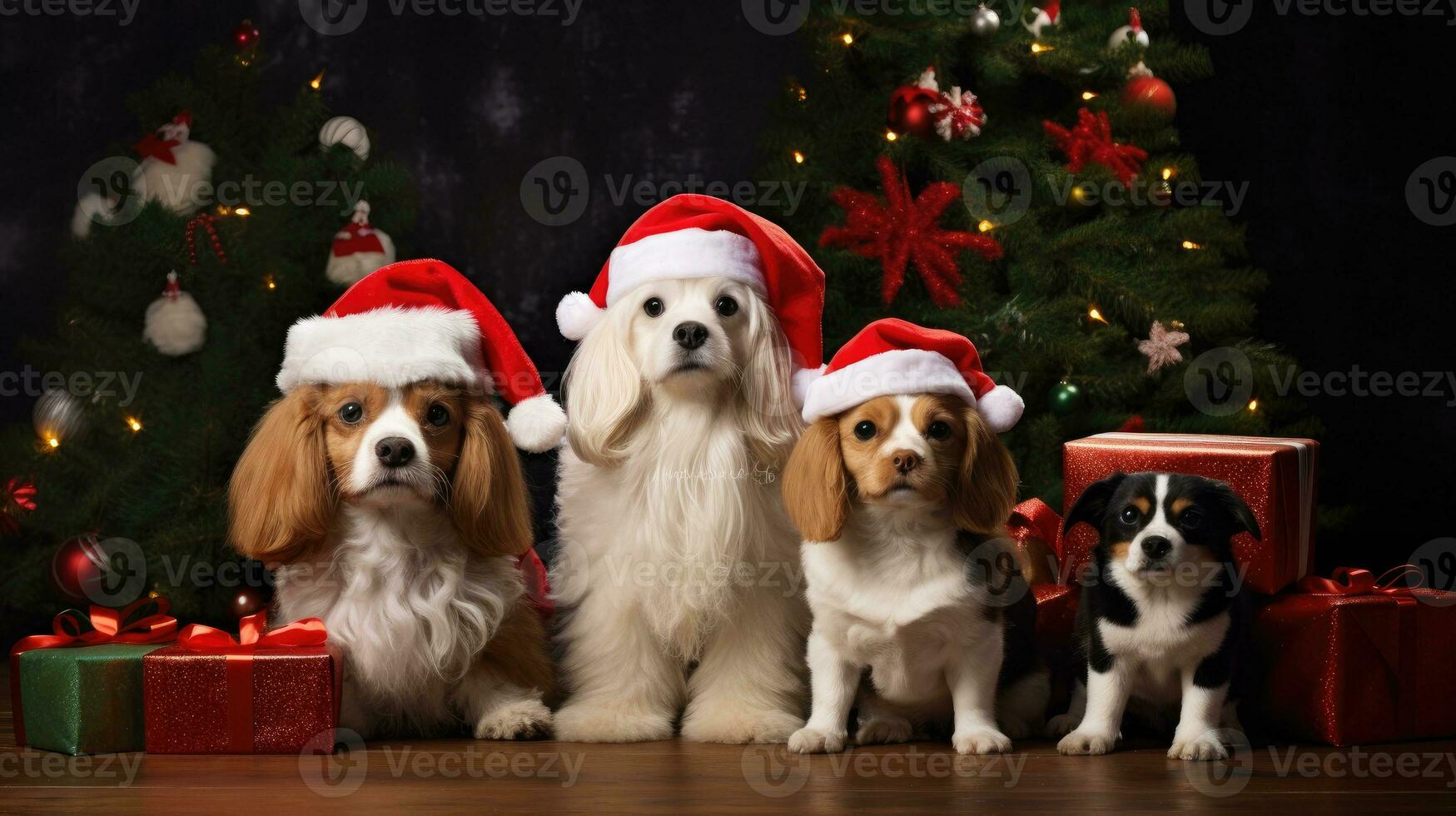 AI generated Cute dog puppy retriever with christmas gift boxes concept photo poster merry present red new year