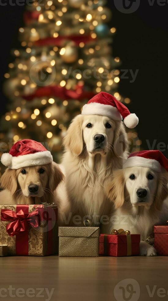 AI generated Cute dog puppy retriever with christmas gift boxes concept photo poster merry present red new year