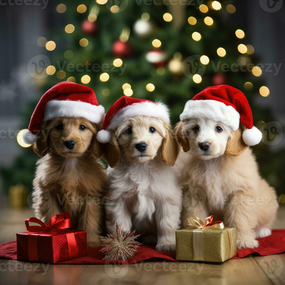 AI generated Cute dog puppy retriever with christmas gift boxes concept photo poster merry present red new year