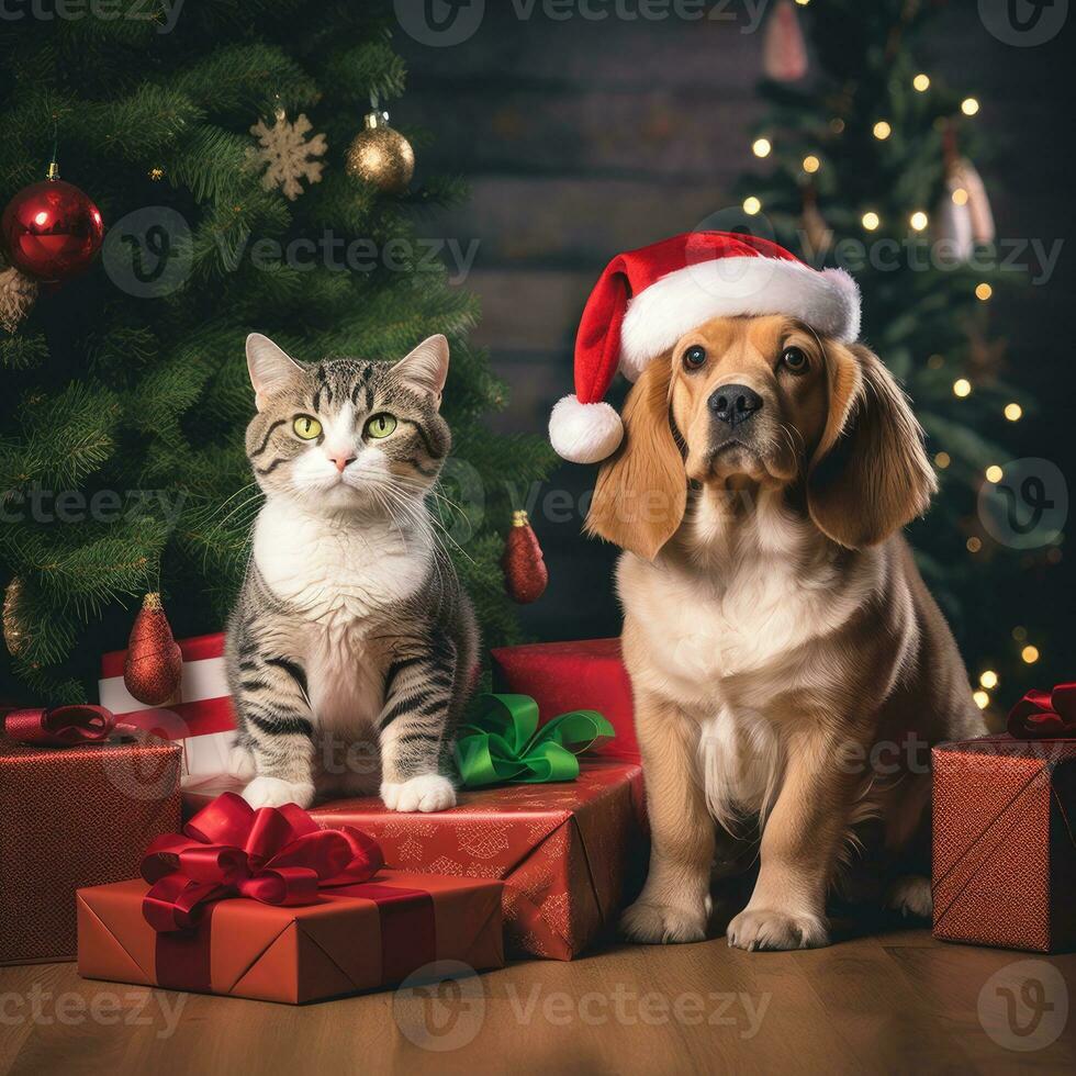 AI generated Cute dog puppy retriever with christmas gift boxes concept photo poster merry present red new year