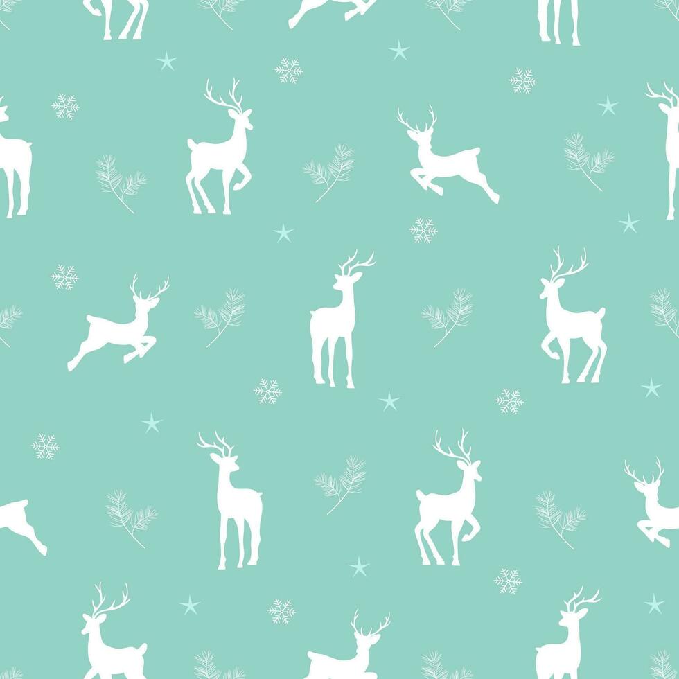 Seamless christmas pattern with reindeers and snowflakes. Beautiful winter or New Year background. Vector illustration in flat cartoon style. Perfect for fabric, package paper, wallpaper, textile