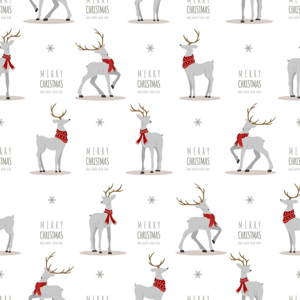 Christmas pattern with reindeers. Cute deers with antlers and scarves. Winter print. New Year seamless background. Vector illustration in flat cartoon style