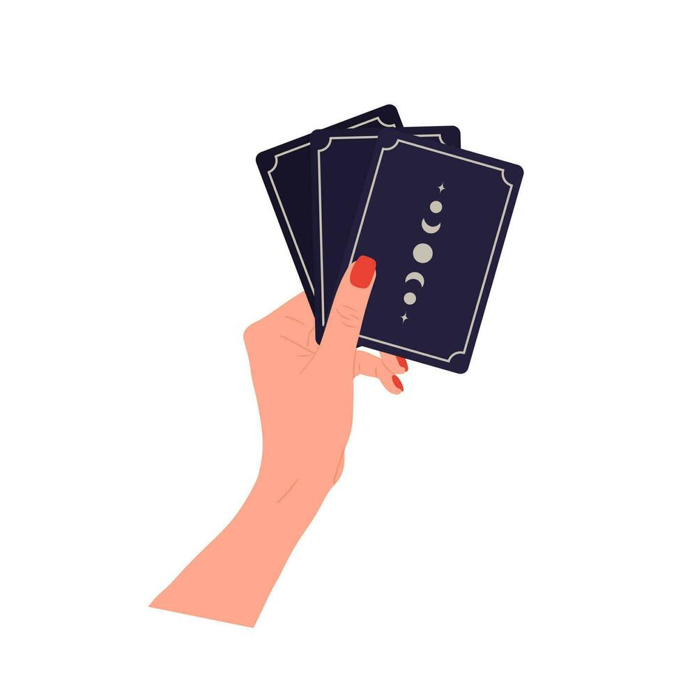 Hand holding tarot cards with boho moon. Female fortune teller predicting future. Magic and esoteric. Vector illustration in flat cartoon style