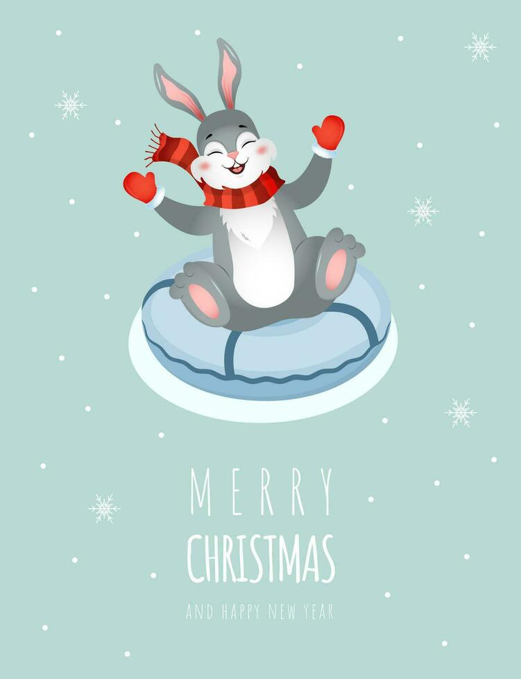Christmas card with cute bunny in red santa hat. Season greetings. Merry christmas and happy New year. Vector illustration in cartoon style. Chinese new year 2023 symbol. Invitation template