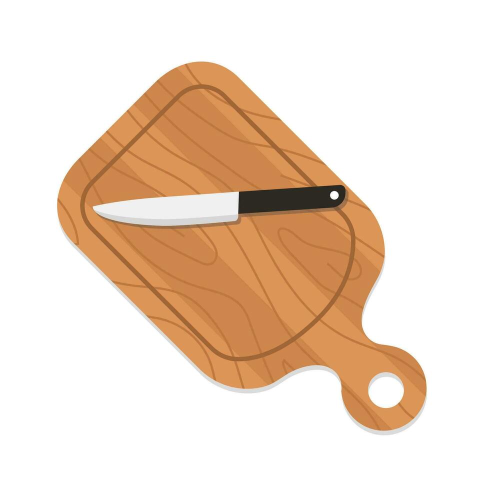 Wooden cutting board with knife. Kitchen tools for cooking. Top view. Vector illustration in flat cartoon style