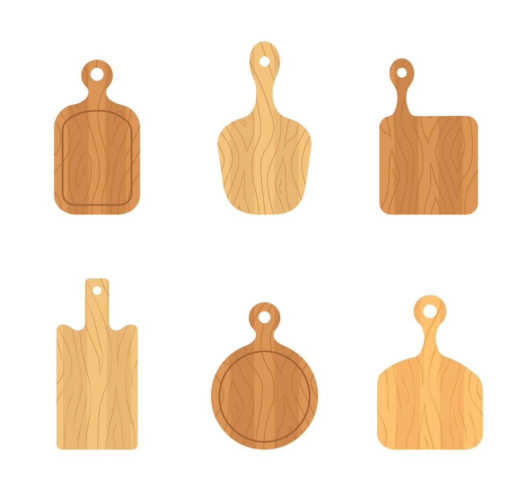 Set of wooden cutting boards. Kitchen tools of various shapes. Top view. Vector illustration in flat cartoon style