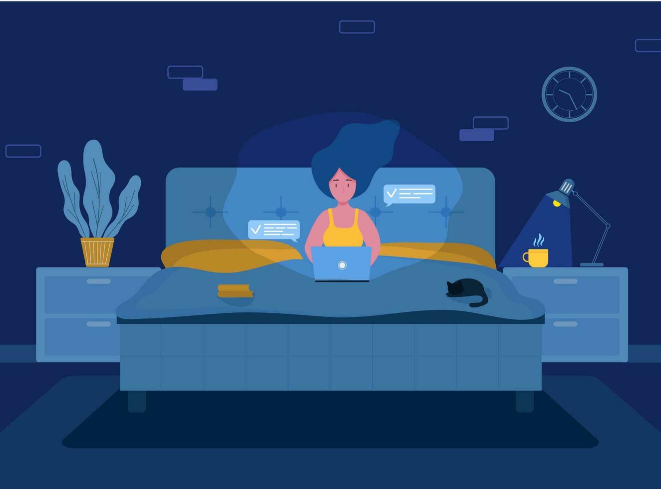 De las mujeres Lanza libre. niña con ordenador portátil en auriculares acostado en el cama. concepto ilustración para laboral, estudiando, educación, trabajo desde hogar, sano estilo de vida. vector ilustración en plano estilo.