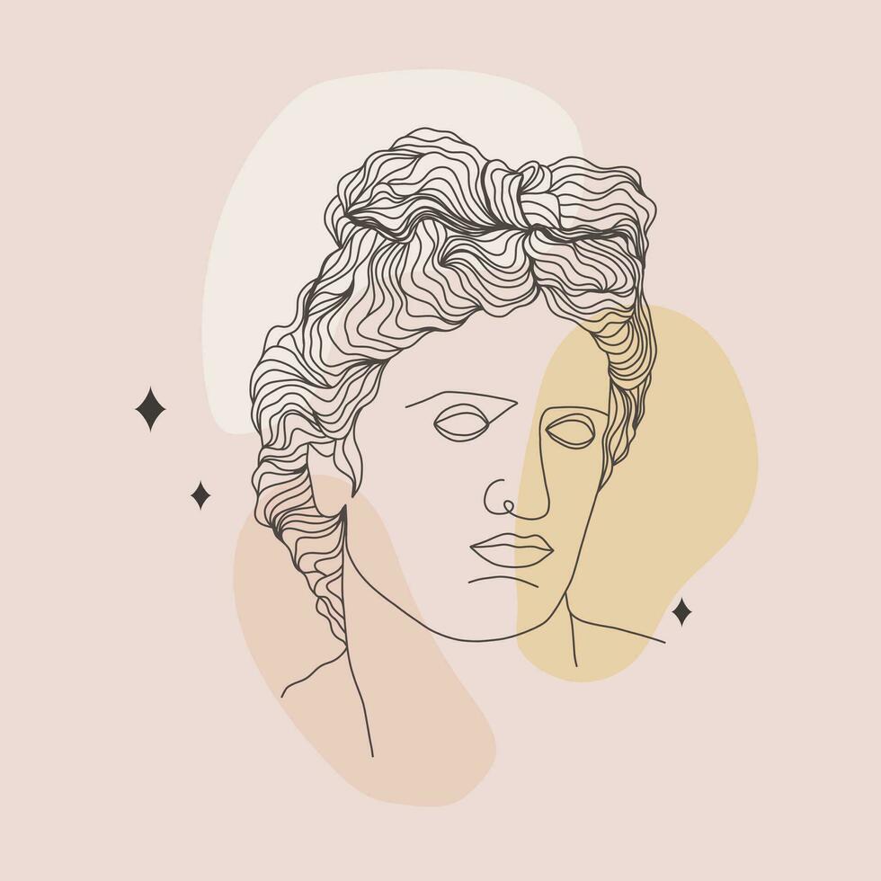 antiguo griego escultura. lineal cabeza de Apolo. Dios antiguo estatua. de moda vector ilustración en uno línea dibujo estilo. minimalista masculino busto con resumen formas