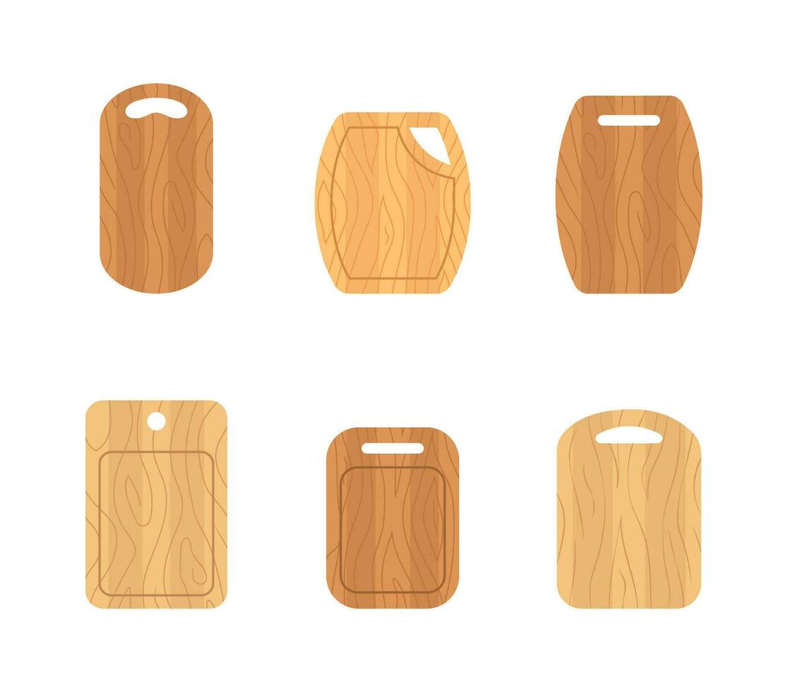 Set of wooden cutting boards. Kitchen tools of various shapes. Top view. Vector illustration in flat cartoon style