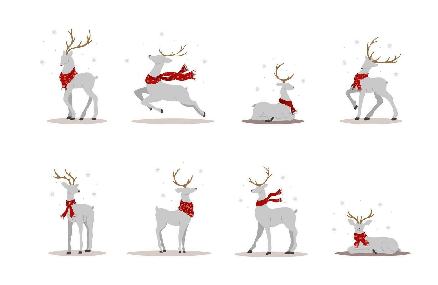 Navidad renos en bufandas. linda ciervos con cornamenta en pie y saltando invierno diseño elementos. vector ilustración en plano dibujos animados estilo