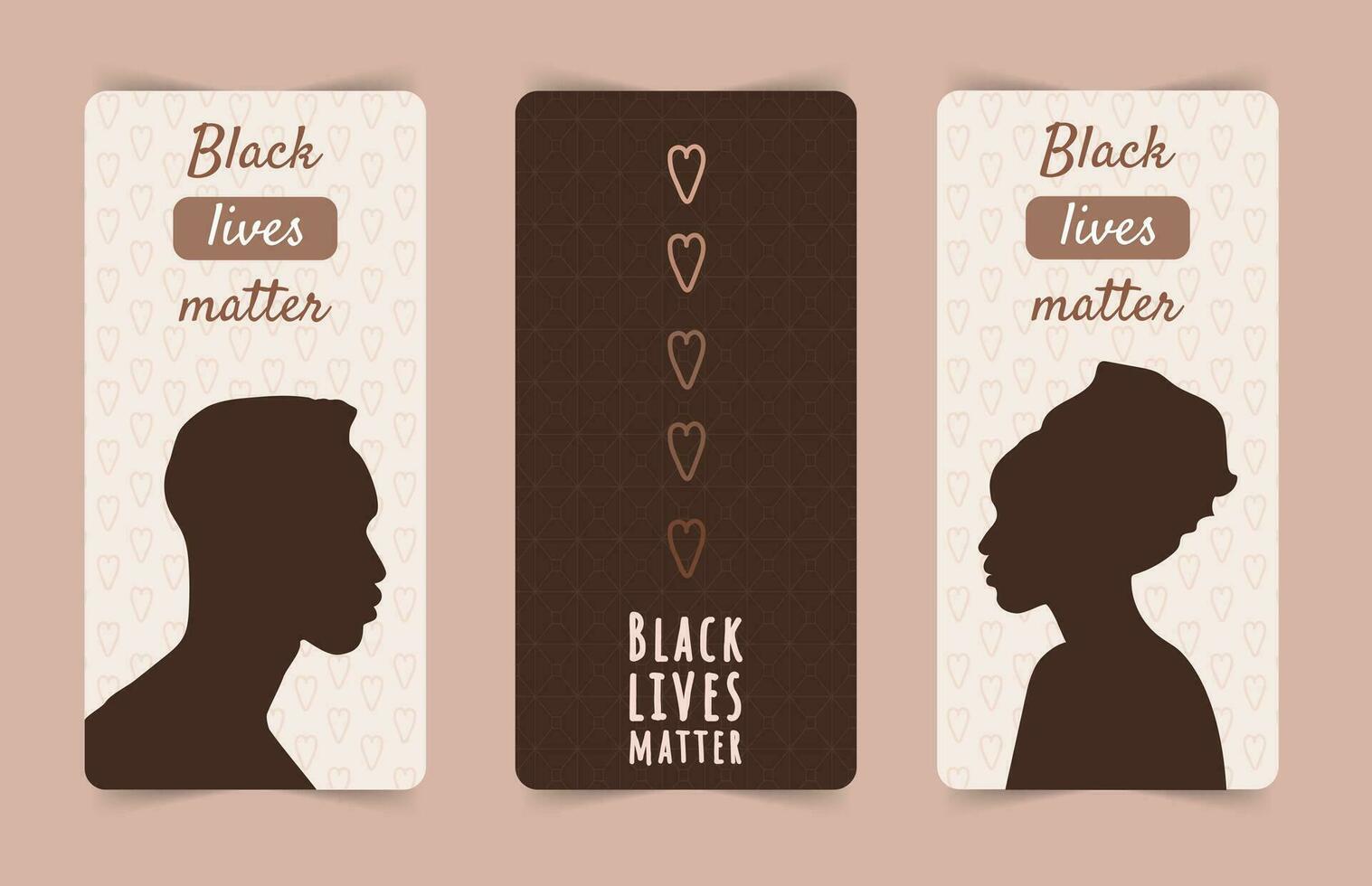 Black lives matters. Stop racism and violence. Silhouettes of african man and woman. Set of social posters and web banners. Modern vector illustration in flat style.