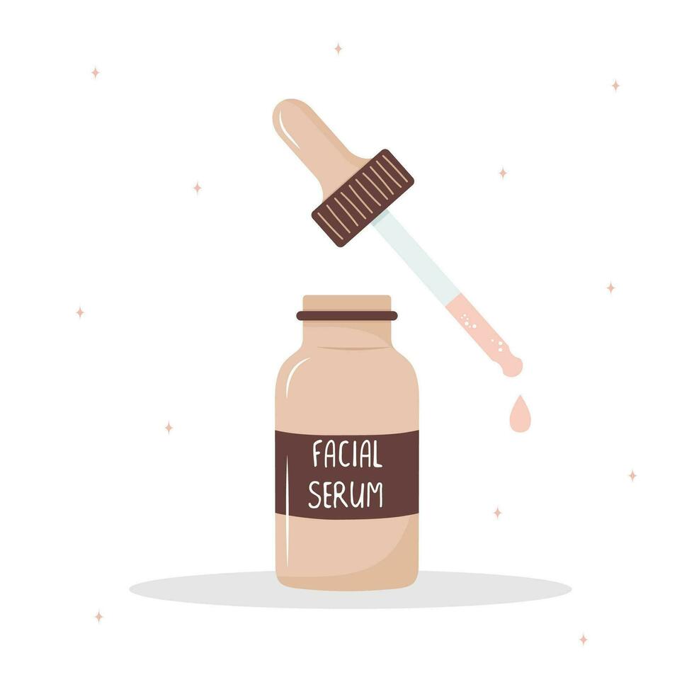 Hydrating facial serum. Skin care, moisturizing and hygiene concept. Morning routine. Brown serum mask bottle isolated on white background. Vector illustration in flat cartoon style