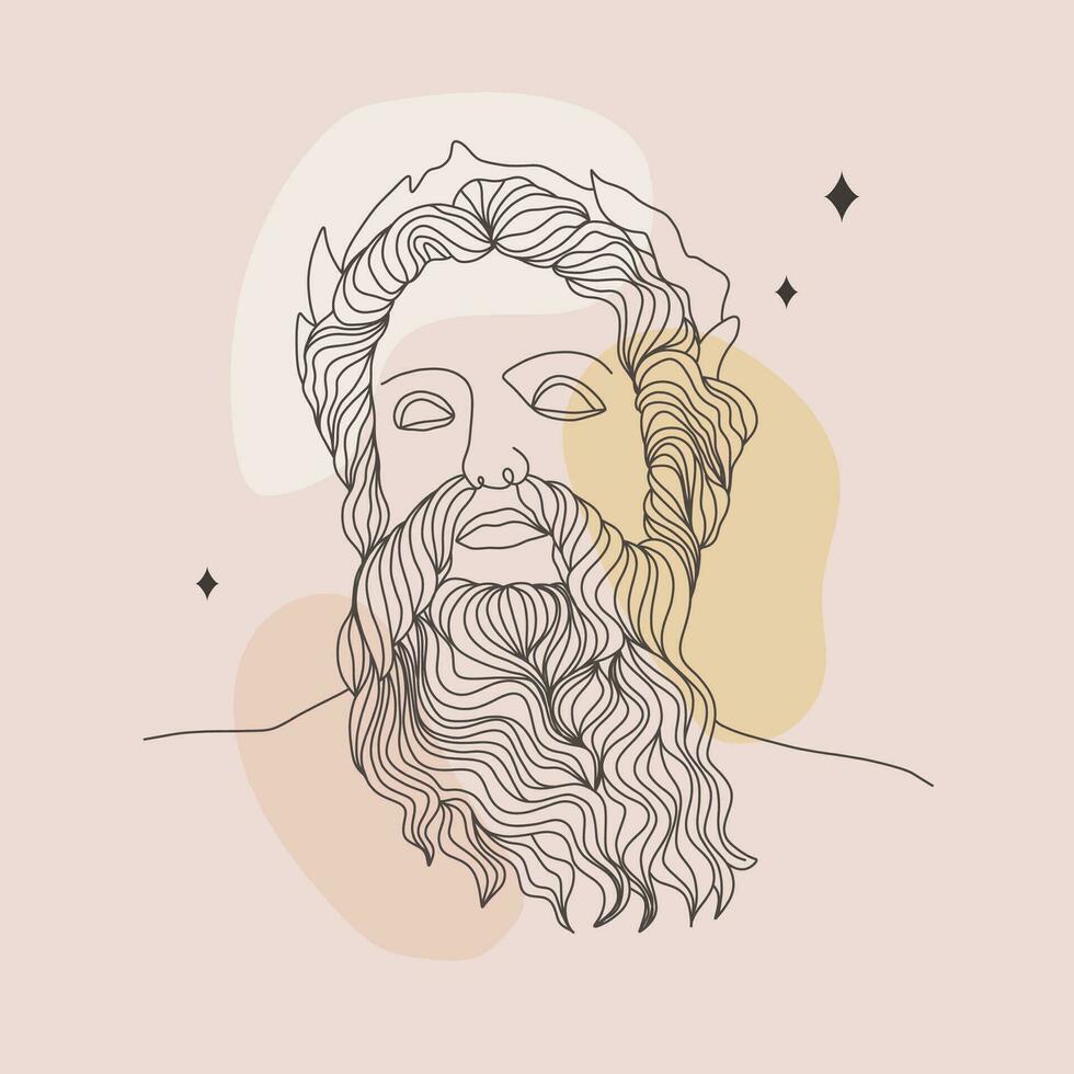 Ancient greek sculpture. Linear head of Zeus. God antique statue. Trendy vector illustration in one line drawing style. Minimalist male bust with abstract shapes