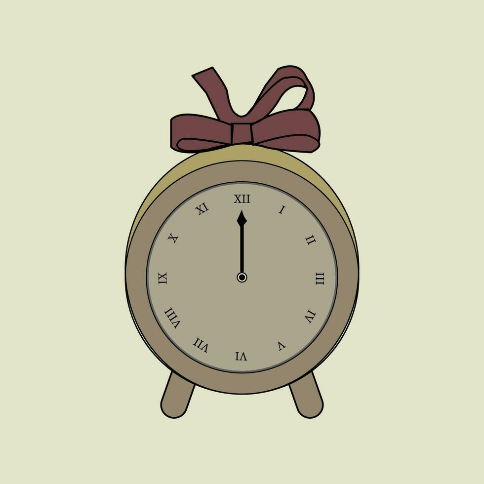 Alarm clock with ribbon vector illustration on flat background.