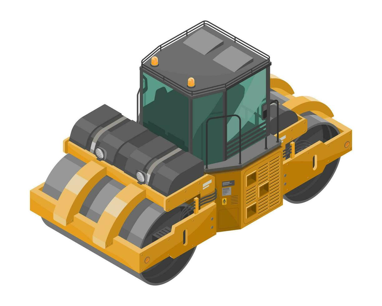 Double Drum Roller Vibratory Road building construction isometric isolated yellow cartoon illustration vector