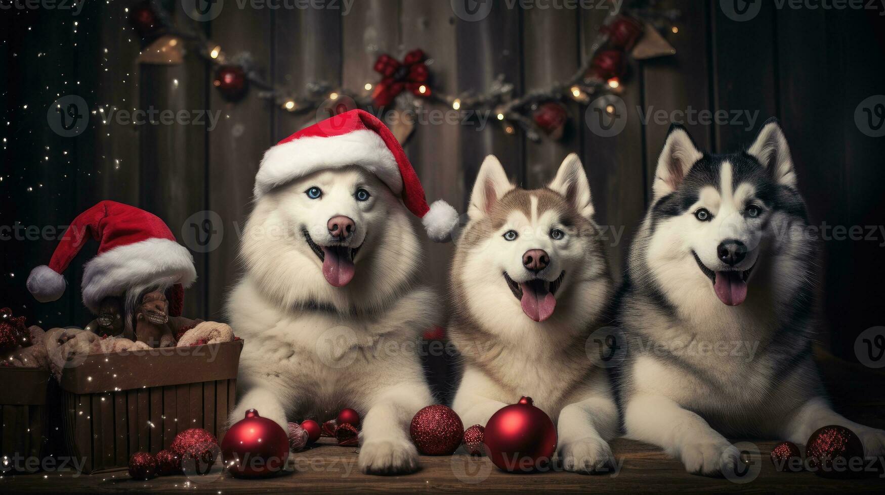 AI generated Cute dog husky wolf puppy with christmas gift boxes concept photo poster merry present red new year