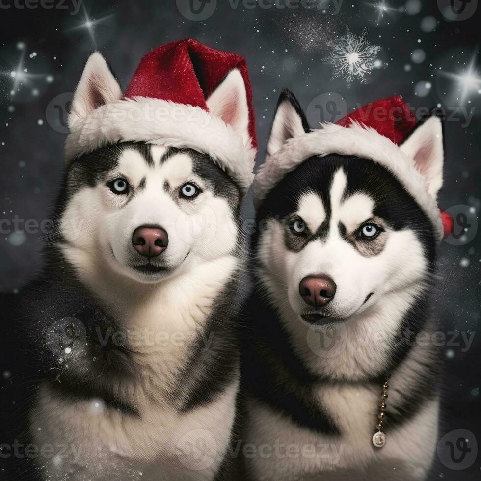 AI generated Cute dog husky wolf puppy with christmas gift boxes concept photo poster merry present red new year