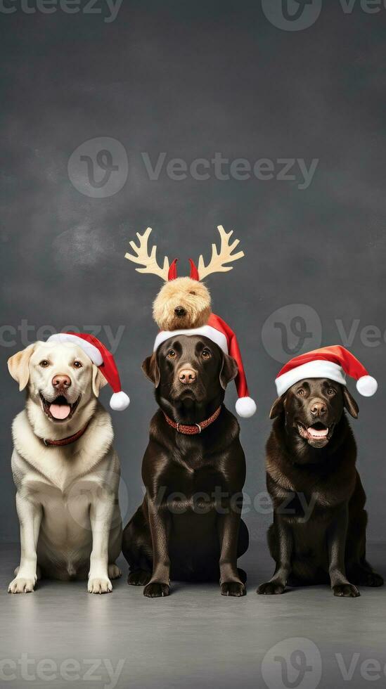 AI generated Cute dog husky wolf puppy with christmas gift boxes concept photo poster merry present red new year